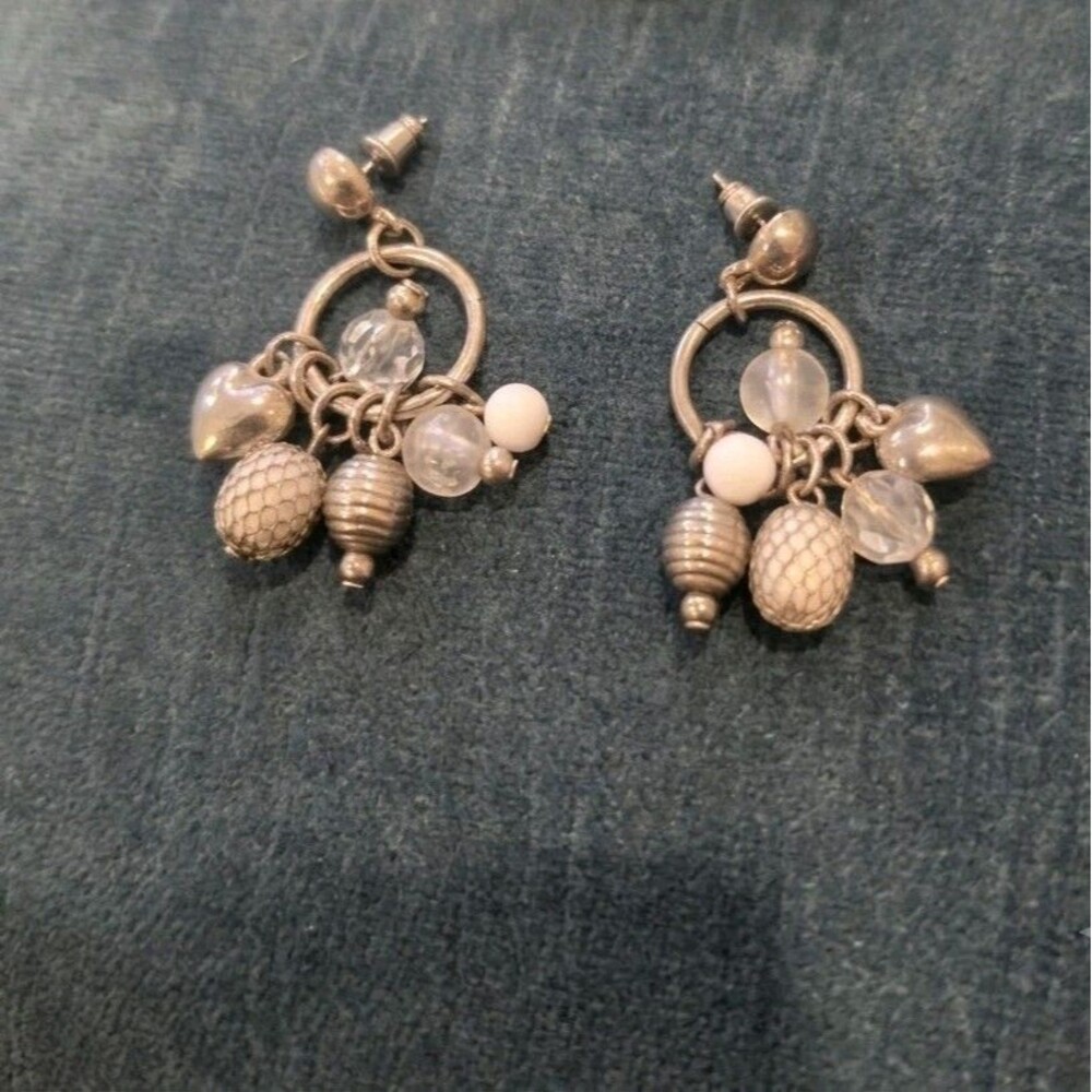Boho Silver-Tone Heart Charm Dangle Hoop Earrings - Beaded Multi-Texture Drop
